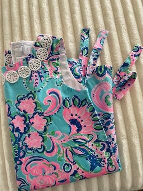 Little Lilly Pulitzer Blue & Pink Floral Dress girls 5 White crochet trim pocket